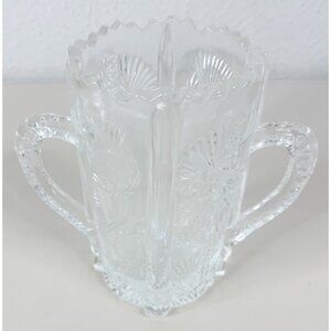 VTG Higbee 6" Paneled Glass "Thistle" Celery Vase w/ Double Handles Clear EUC